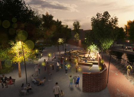 Reflective Blue Glass Surfaces and Natural Wood Integration Transform Urban Waterway into a Community Haven