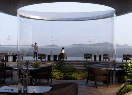 Curvilinear Structure Crafted From Reinforced Concrete and Expansive Glass Embracing Volcanic Landscape