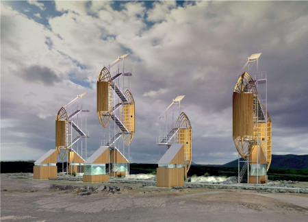 Geothermal Towers Crafted from Reclaimed Wood Embracing Natural Landscapes with Panoramic Views