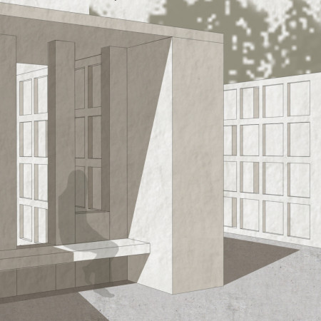 Charred Wooden Shingles and Concrete Embrace in a Reflective Chamber for Memorialization  