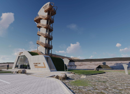 Twisting Steel Structure With Natural Poured Concrete and Turf Roof Embracing Geothermal Landscapes