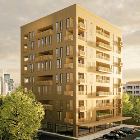 Charred Wooden Shingles and Glued Laminated Beams Define Sustainable Urban Living Solutions