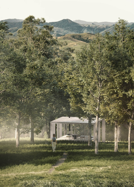 Charred Wooden Shingles and Elevated Timber Structure Creating a Retreat for Mindfulness  