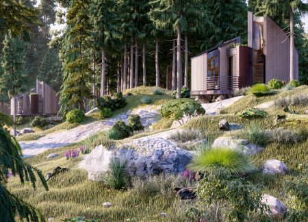 Curvilinear Windows and Green Roofs Enhance Timber-Framed Micro Living in a Woodland Setting