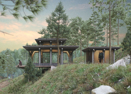 Moss-Covered Roof with Sustainable Timber Frame for a Mindful Retreat