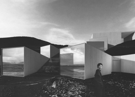 Cascading Geometry with Volcanic Tuff and Glass Walls Creates a Culinary Retreat