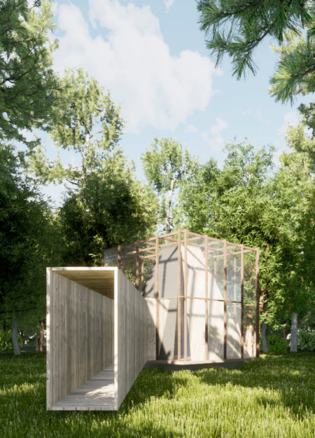 Translucent Glass Retreat Framed by Radiata Pine and Enhanced by Open Roof Design