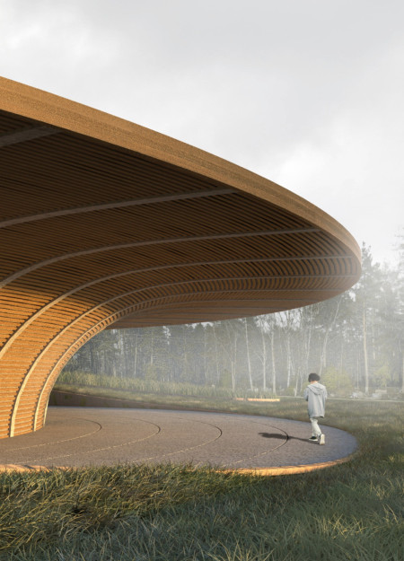 Curved Concrete Structure with Natural Wood Elements for Contemplative Remembrance