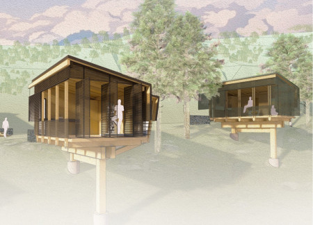 Meditation Retreat Featuring Cross-Laminated Timber and Charred Wood Finishes in a Trapezoidal Form Above a River Valley  