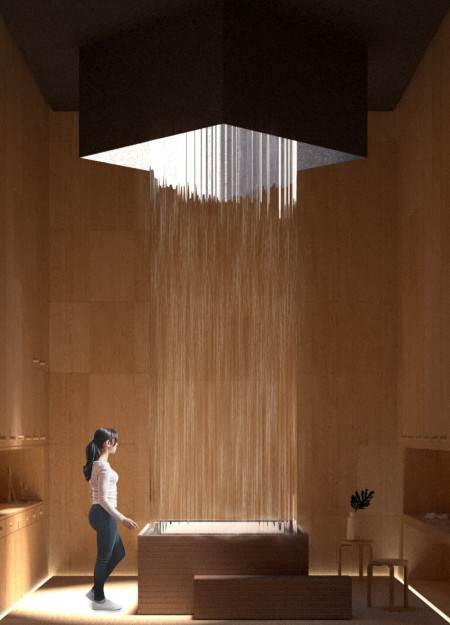 Cascading Water Feature Enveloped in Sustainable Bamboo and Concrete Design for Tropical Living