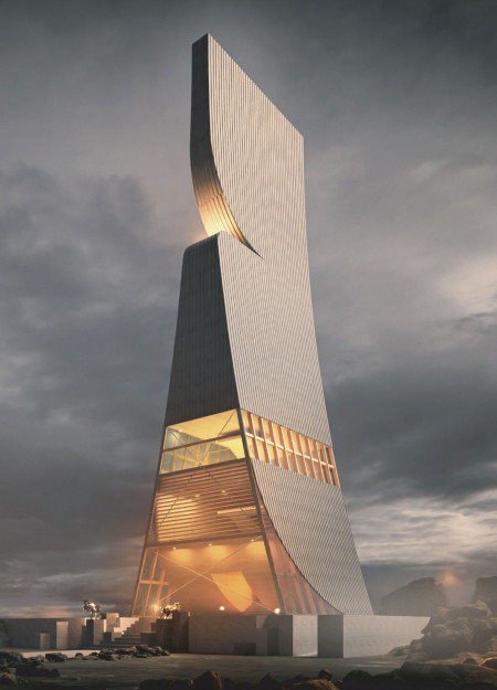 Geothermal Tower Constructed With Cross-Laminated Timber and Charred Shingles Overlooking Volcanic Landscapes