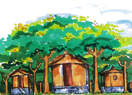 Bamboo Construction and Clay Brick Design in a Tranquil Retreat Setting  