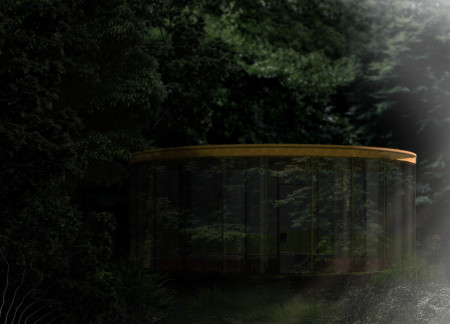 Reflective Glass and Charred Shingles Embrace Nature in a Tranquil Meditation Space