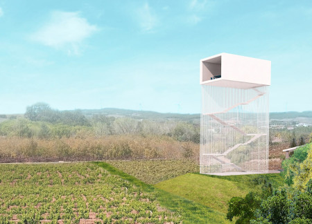Translucent Glass Tower Integrating Local Concrete and Timber Within a Vineyard Landscape