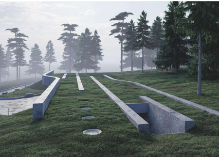 Charred Timber Canopy Nestled Within a Forest Landscape for Reflective Remembrance