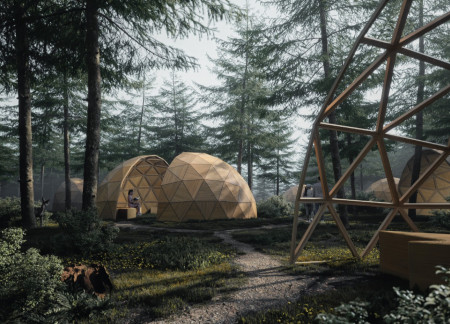 Echoing Spaces Crafted From Geodesic Timber Panels Nestled in a Forest Setting  
