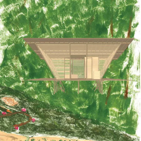 Wellness retreat featuring bamboo construction and passive cooling design in a natural landscape setting