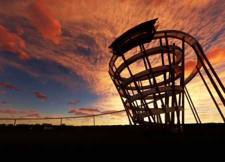 Spiral Structure Featuring Timber Logs and Steel Grates Offering Elevated Community Interaction