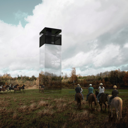 Reflective Glass Facade and Vertical Timber Framework Integrated Into an Elevated Observation Structure