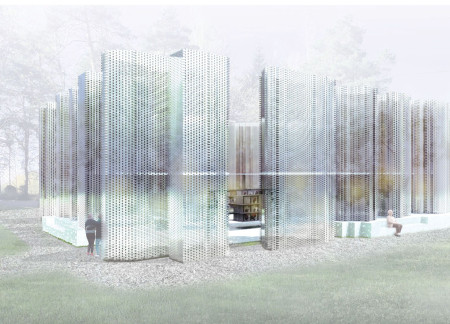 Reclaimed Glass Columns and Local Stones Define a Serene Memorial Space Amidst Nature