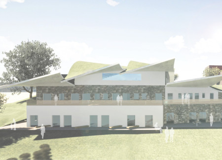 Fluid Wave Form Constructed With Natural Stone and Green Roofs for Vineyard Hospitality