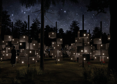 Suspended Urns and Translucent Marble in a Serene Woodland Memorial