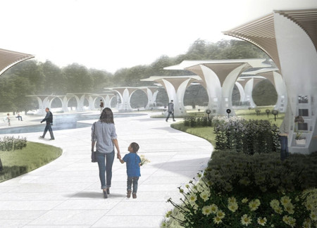 Cedar Benches and White Granite Niches in a Contemporary Columbarium Embracing Nature