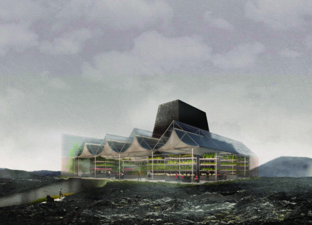 Thermal Haven Crafted From Black Tinted Concrete and Glasshouse Elements for Sustainable Dining  