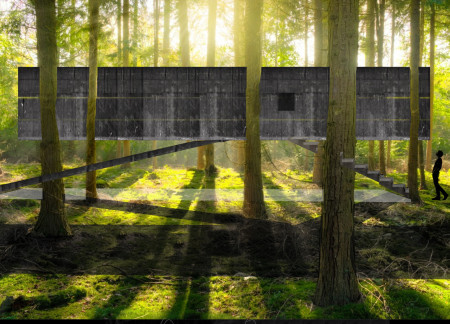 Suspended Concrete Veil Over Natural Groves in a Reflective Memorial Space  