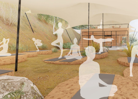 Tensioned Membrane and Natural Wood Elevate Outdoor Yoga Space in Sustainable Setting