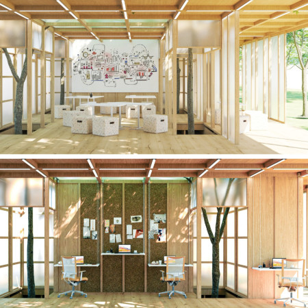 Charred Wooden Shingles and Flexible Workspaces Transforming Urban Co-Working Environments  
