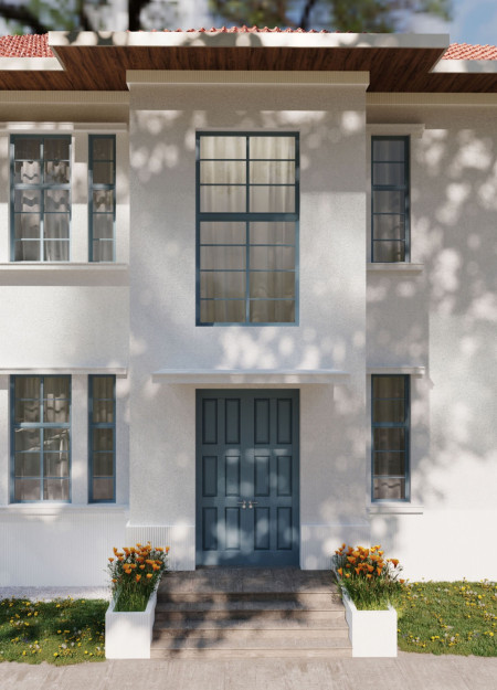 Blue Framed Structure With Plaster Facade Emphasizing Equestrian Culture In A Sustainable Setting