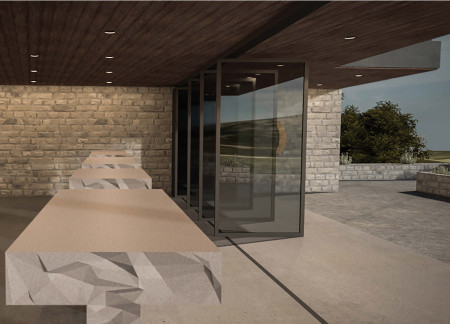 Limestone Walls and Floor-to-Ceiling Glass Define a Communal Wine Tasting Space