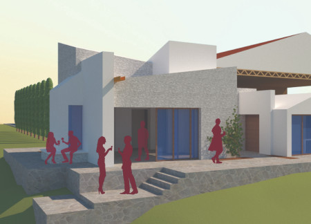 Textured Stucco and White Stone Amidst Vineyards in a Multifunctional Tasting Space