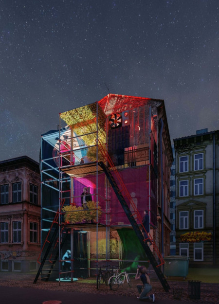 Reclaimed Steel Framework and Colorful Mesh Façade in a Dynamic Urban Venue