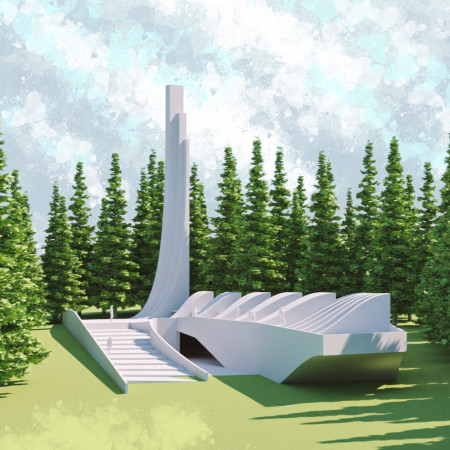 Curved Concrete Pillars and Natural Light in A Reflective Memorial Space  