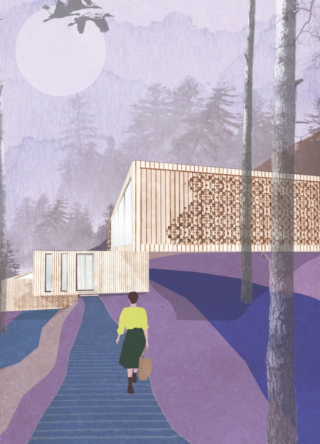 Community Center Featuring Cross-Laminated Timber and Charred Wooden Shingles Showcasing Sustainable Design Principles  