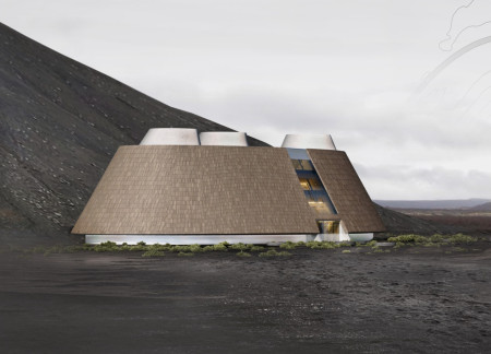 Café Designed with Conical Roofs and Natural Wood Finishes in a Volcanic Landscape  