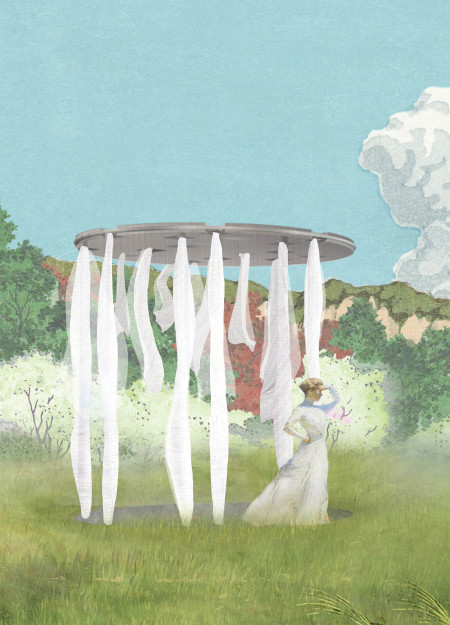Translucent Nylon Fabric Cascading From Stainless Steel Structure in a Circular Memorial Setting