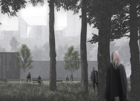 Concrete Column Integrating Nature and Digital Interaction Within a Latvian Memorial Space