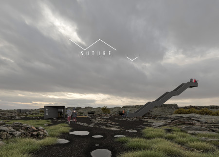 Charred Wooden Shingles Seamlessly Integrated Into Geothermal Visitor Experience Over Volcanic Landscape