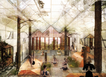 Elevated Structure with Polycarbonate Walls in a Tranquil Forest Retreat  