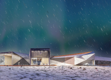 Crystalline Structure with Corrugated Metal and Timber Panels Supporting Community Engagement  