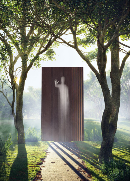 Corten Steel Columns Weaving Through Natural Landscape for Contemplative Reflection