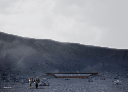 Natural Stone and Glass Structure Harmonizing with Volcanic Landscape As a Community Coffee Haven