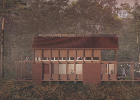 Charred Wooden Shingles and Brick Harmony in a Community Wellness Retreat