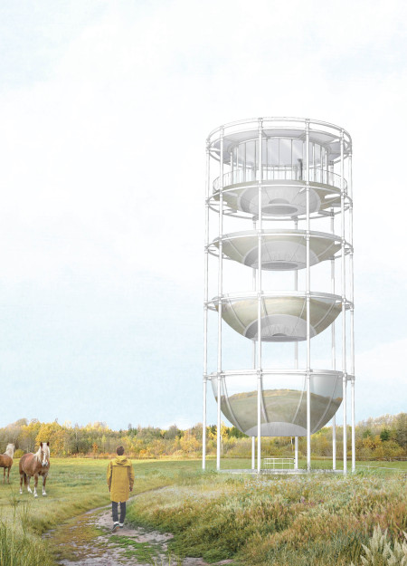 Reflective Stainless Structure Harmonizing With Natural Landscape Through Curved Timber Platforms  