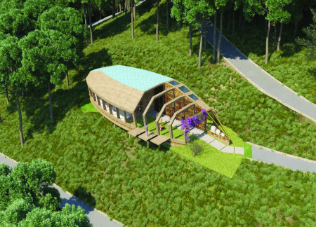 Cocoon-Shaped Structure Wrapped in Glass and Charred Wood Panels for Holistic Wellness