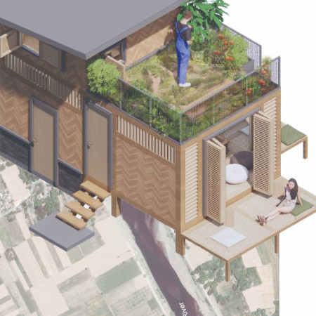 Sustainable residence featuring bamboo structure and rice husk insulation in a tropical landscape