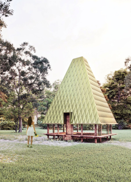 Pyramid-Shaped Retreat Crafted from Sustainably Sourced Timber and Eco-Friendly Composite Panels
